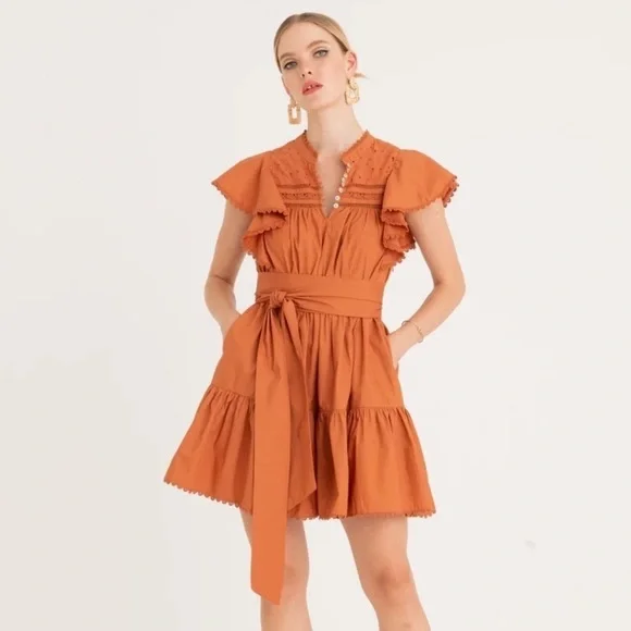 Secret Mission Bartolina Ruffled Cotton Crochet Flutter Sleeve Pocket Dress sz L - Picture 3 of 16